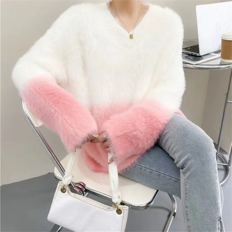 

Hsa 2023 New Cute Women's Gradient Contrast Color Pullovers Knitted Loose Retro Soft Glutinous Lazy Style Mohair Sweater Tops