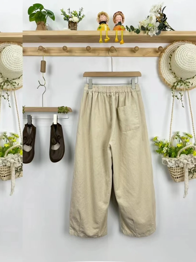 Pantaloni Larghi Casual con Ricamo e Nodo, Taglie Forti per Donna, in Cotone, Stile Primaverile Foresta Universitaria