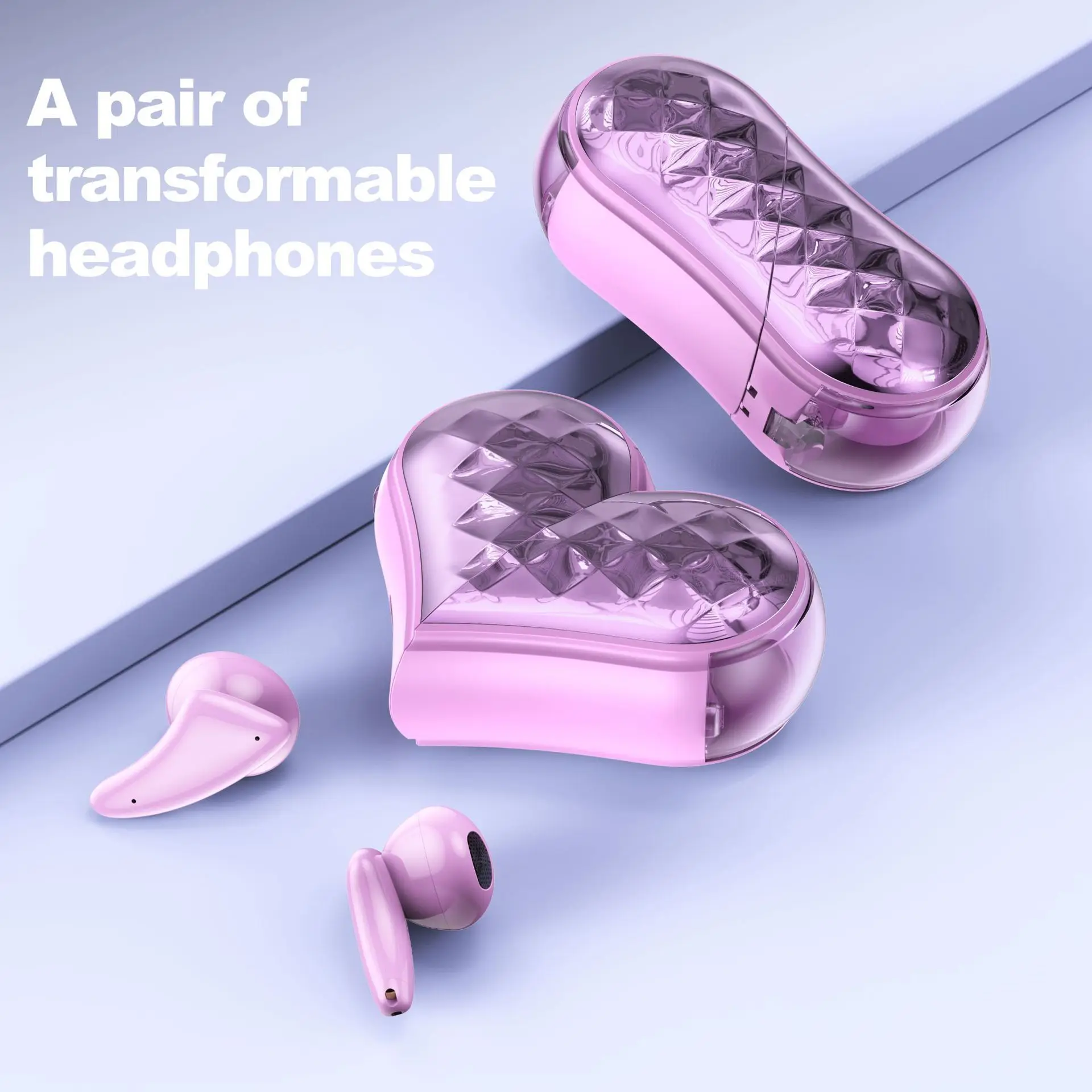 

2-in-1 Cute Heart-Shaped Transforming Rotating Wireless Bluetooth5.3 Earphones ENC Noise Reduction Earbuds For Girls Gift