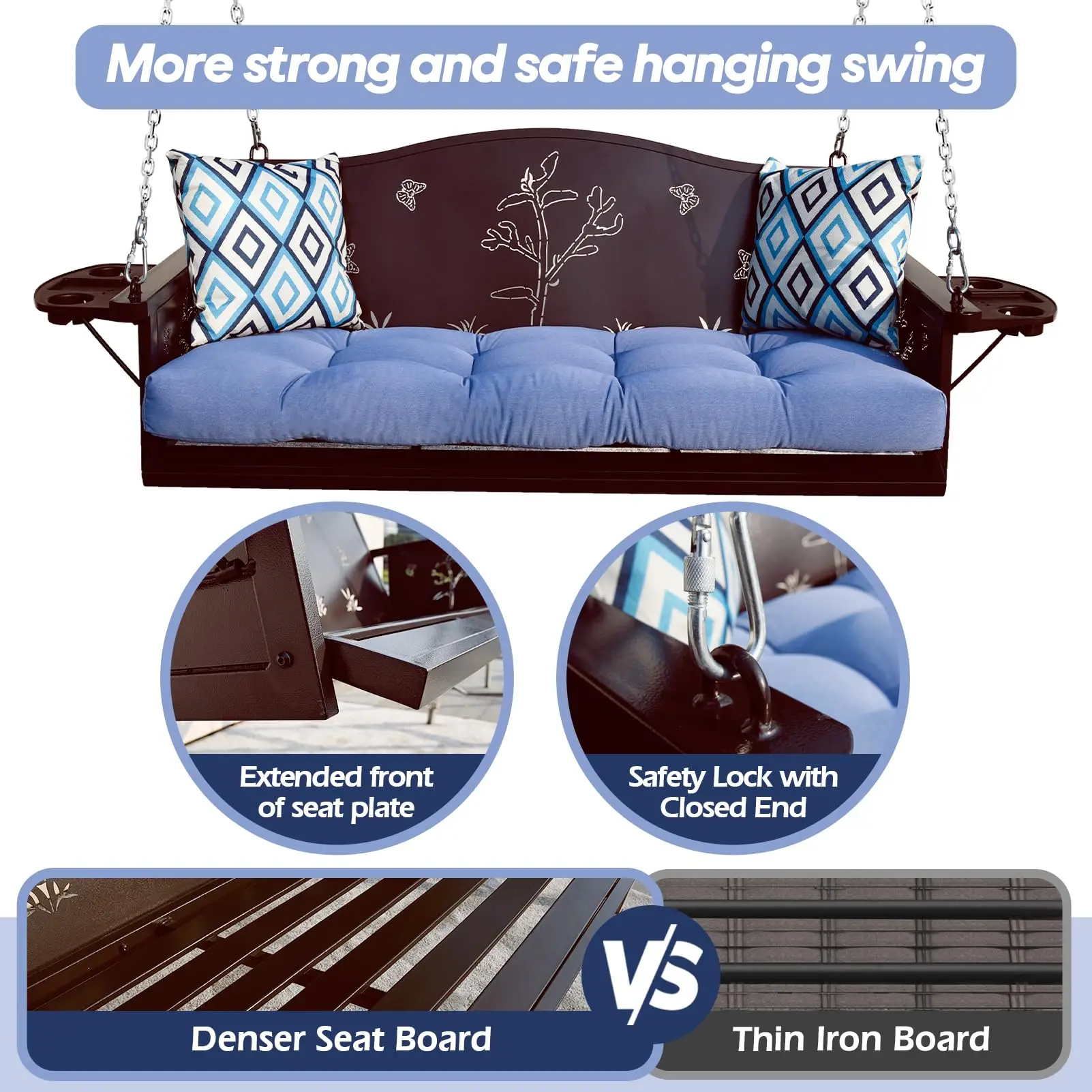 3-Seat Metal Porch Swing 900 LBS Heavy Duty Hanging Bench with Upgraded Tray & Cushions Rust-Resistant Finish Swing