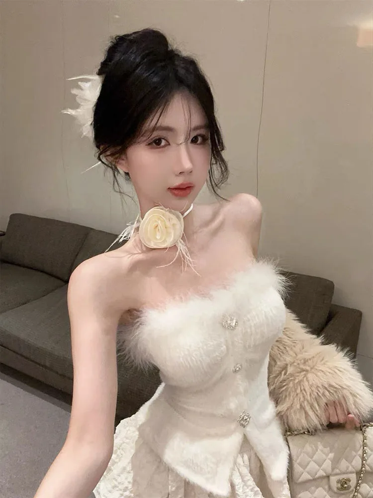 2025 Delicate Fur Patchwork Strapless Tank Women Off Shouler Backless Autumn Mini Camisole Sexy Cropped Streetwear Slim