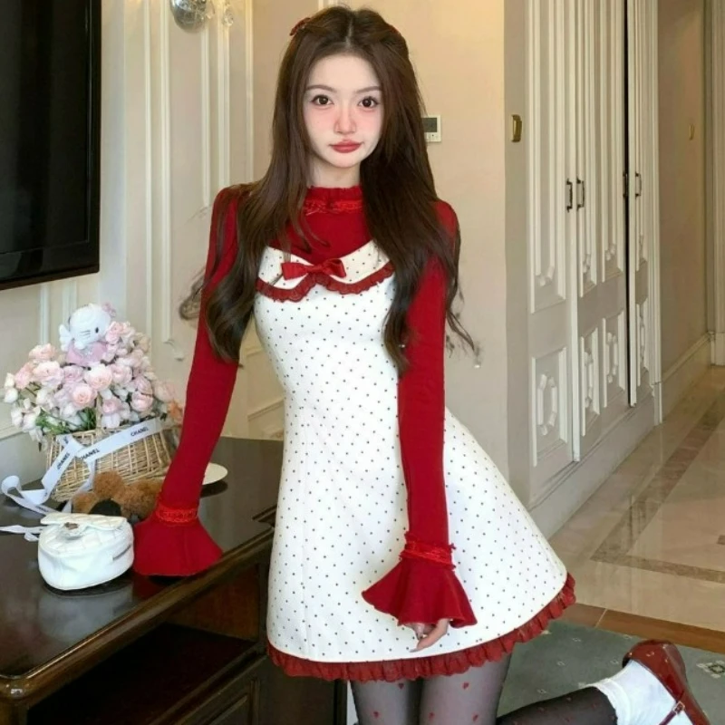 

Japanese Kawaii Y2k Lolita Style Set Women Sweet Red Knitted T T-shirt Bow Polka Dot Print Strap Dresses Female Cute Slim Outfit