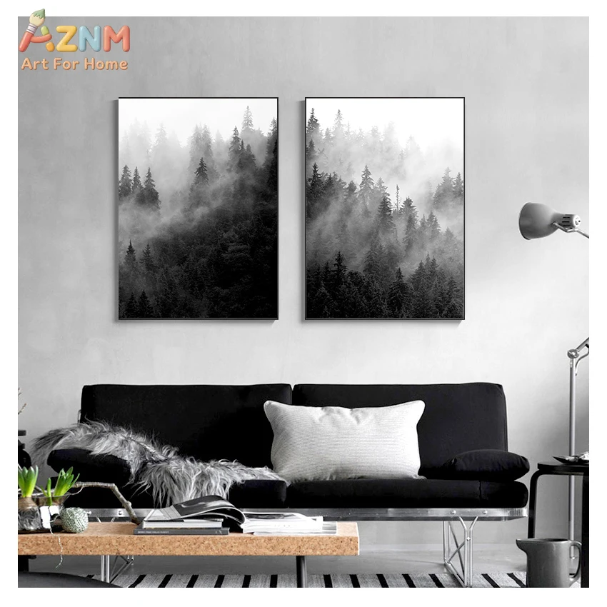 AZNM Black and White Misty Forest Landscape Canvas Wall Art, Foggy Pine Tree Print, Frameless Modern Minimalist Nature Canvas Pa