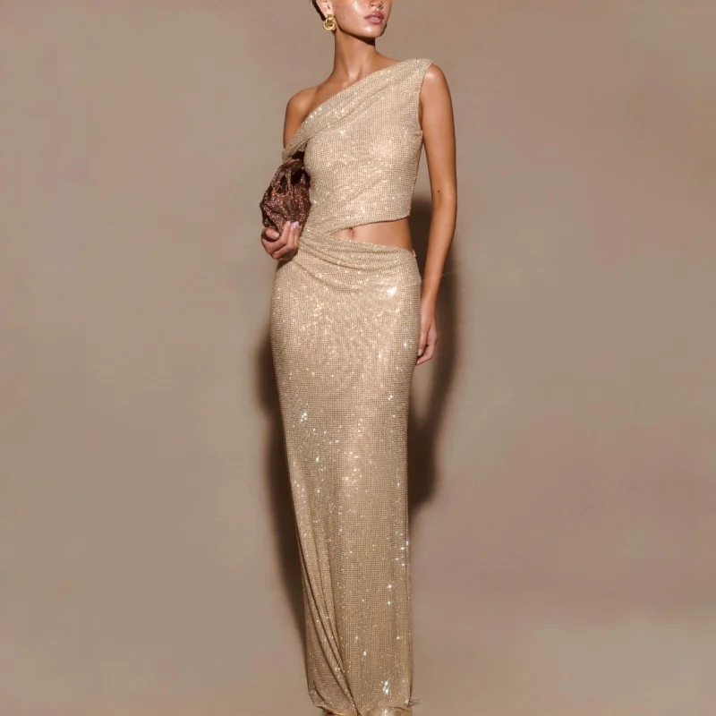 Summer Best Sellers One Shoulder Rhinestone Women's Casual Dresses Cutout Waist Mermaid Maxi Evening Prom Dress