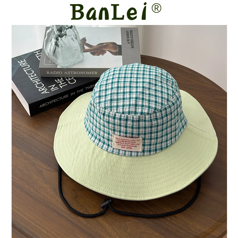 Summer Korean Strap Small Fresh Plaid Color Matching Bucket Hat for Men and Women Outdoor Sunshade Big Brim Quick-drying Sun Cap