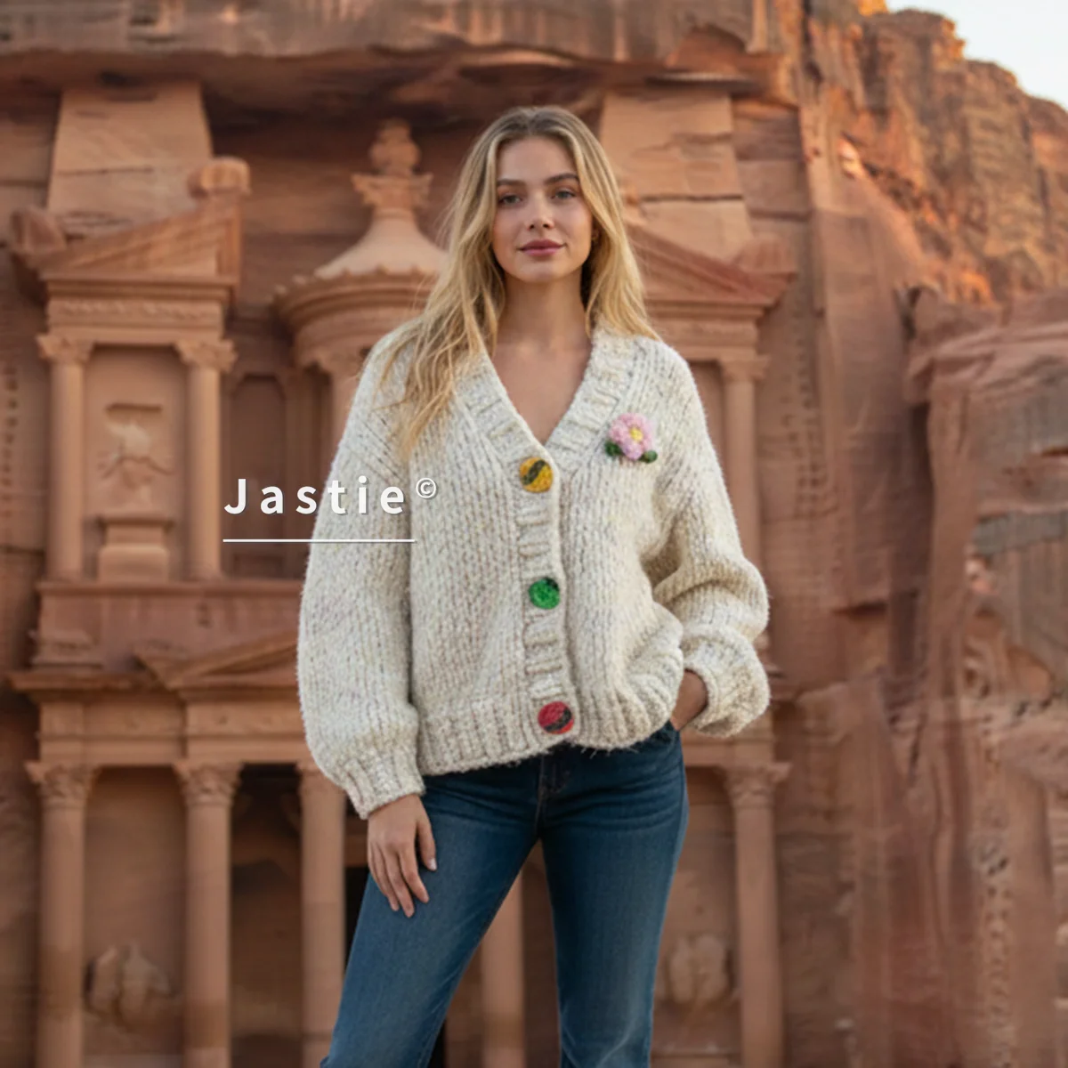 

Women's Pastel Speckled Knit Cardigan Oversized V-Neck Colorful Button & Flower Cozy Chunky Loose Casual Autumn Winter Sweater