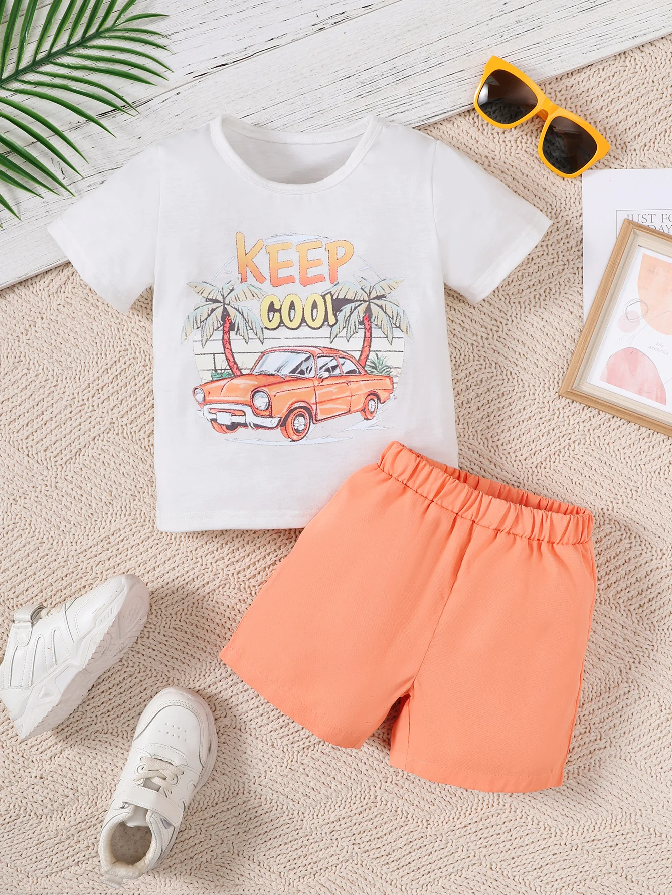 Summer  4-7 Years Old  Cool  Boys  Small  Truck Print Pattern  Tops   And  Shorts  Casual  2-Piece  Set
