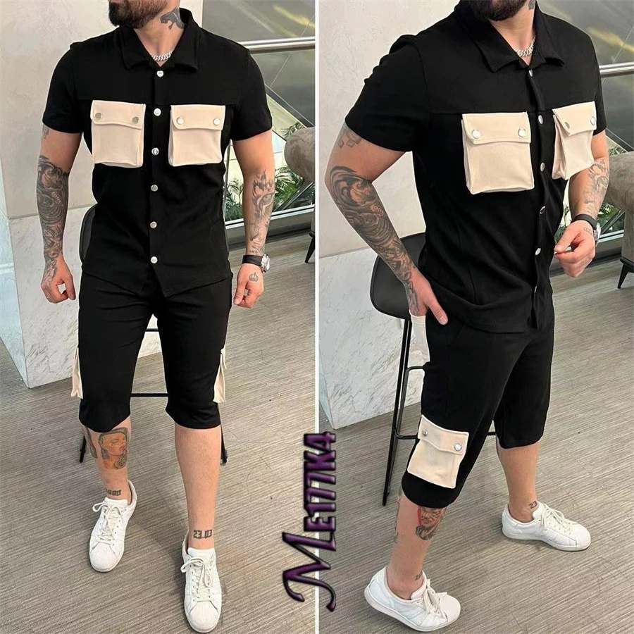 2024 Summer New Men\'s Short sleeved Polo Neck Shirt Shorts Casual Men\'s Two Piece Set