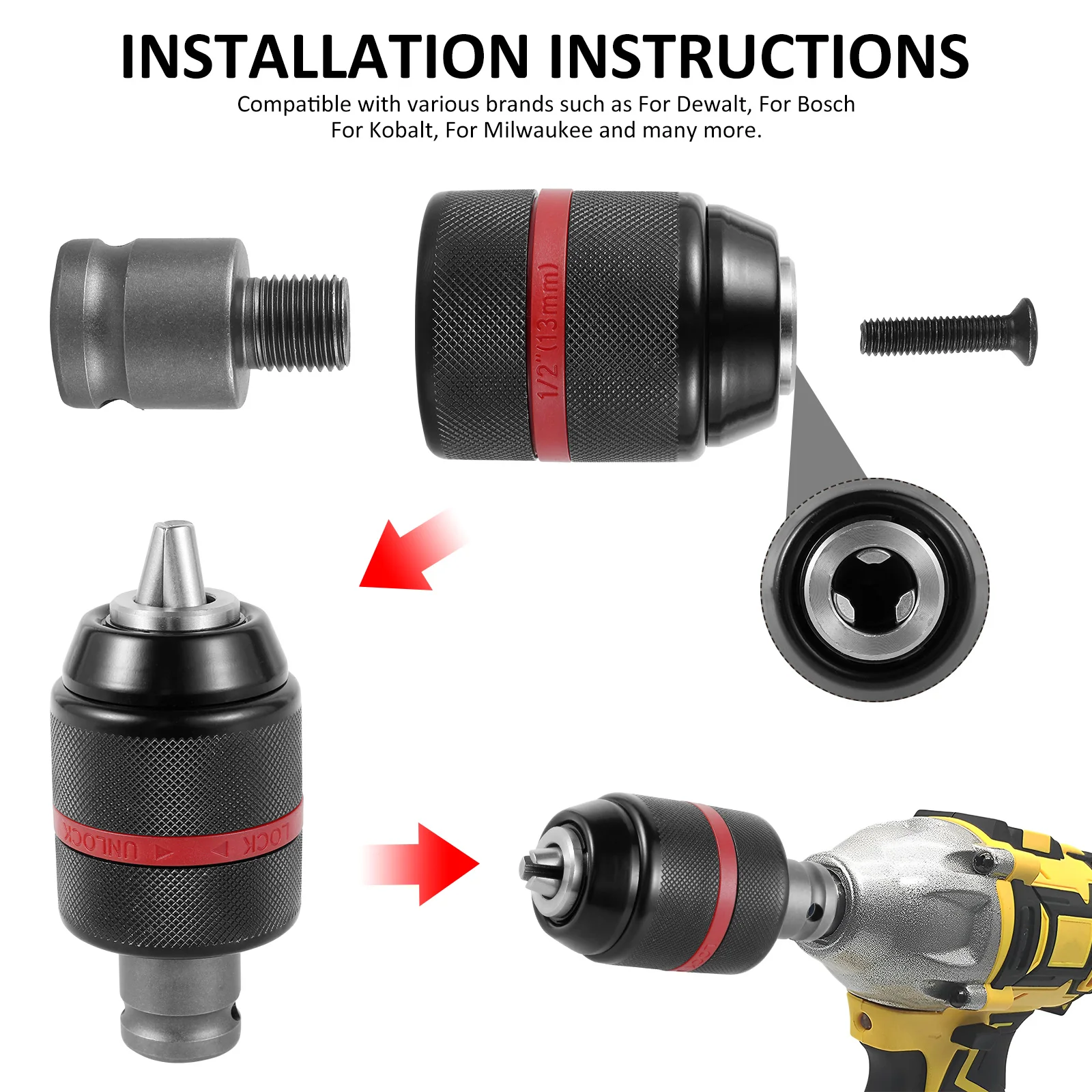 Drill Chuck Adapter Kit 1-13mm Self Tighten Hand Drill Chuck Keyless 1/2inch-20UNF with Shank 1/4inch Hex Shank 1/2inch Socket