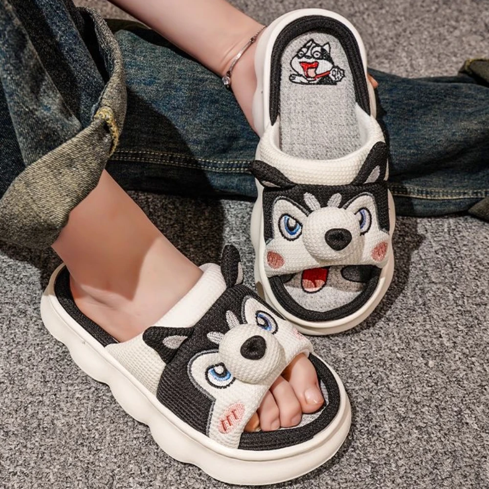 Cute Husky Ladies Soft Sole Casual Couple Style New Shoes Ventilated Comfortable Pattern Design Non-slip Linen Home Slippers