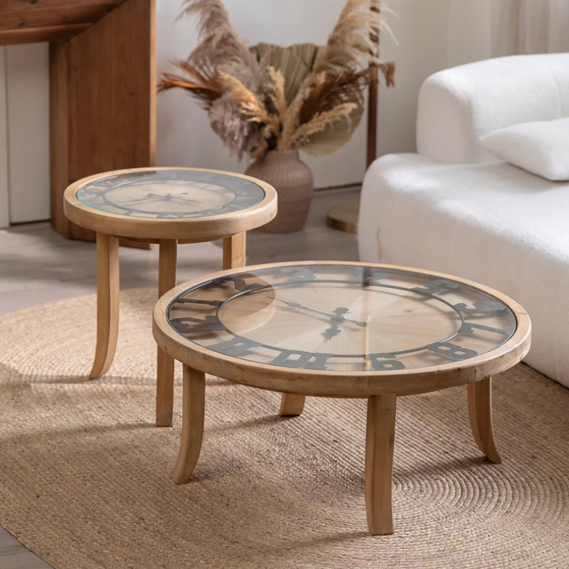 Japanese Style Cafe Solid Wood Coffee Table Small Household Household Living Room Small Round Table Decorative Clock Round Desk