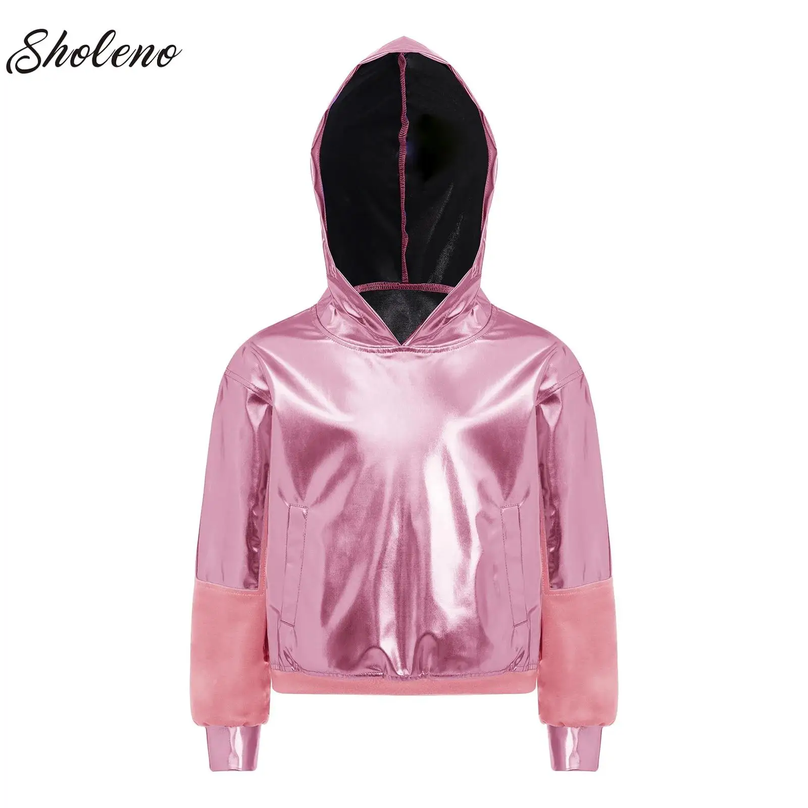 

Jazz Latin Modern Dance Girls Metallic Sweatshirt Jacket Kids Boys Shiny Long Sleeve Hooded Coat for Dance Stage Performance
