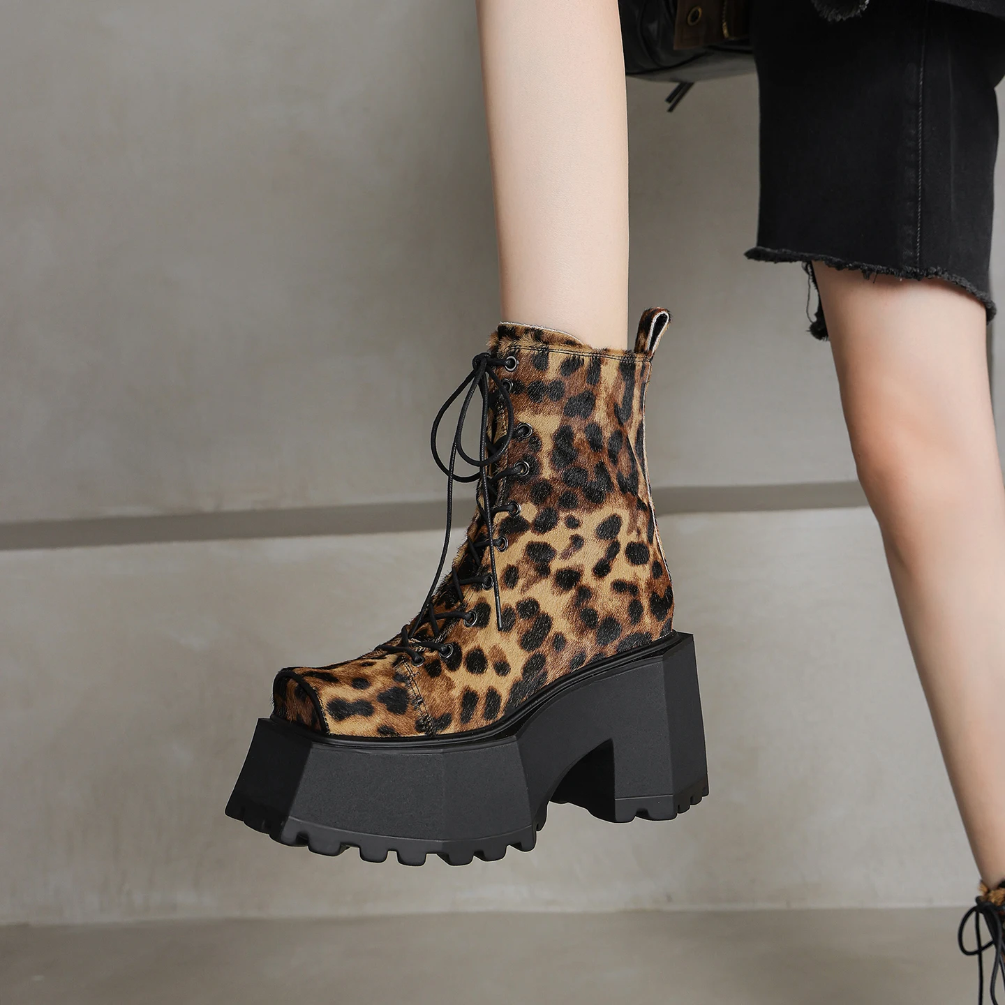 

Handmade Horsehair Genuine Leather leopard platform ankle Boots woman high Heels Chunky Booties,Increase Height Shoes For Women