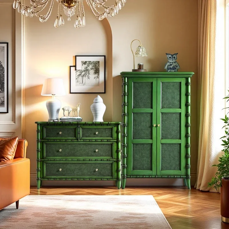 

American and French entry entrance cabinet, bucket cabinet, solid wood living room bamboo rattan decorative cabinet