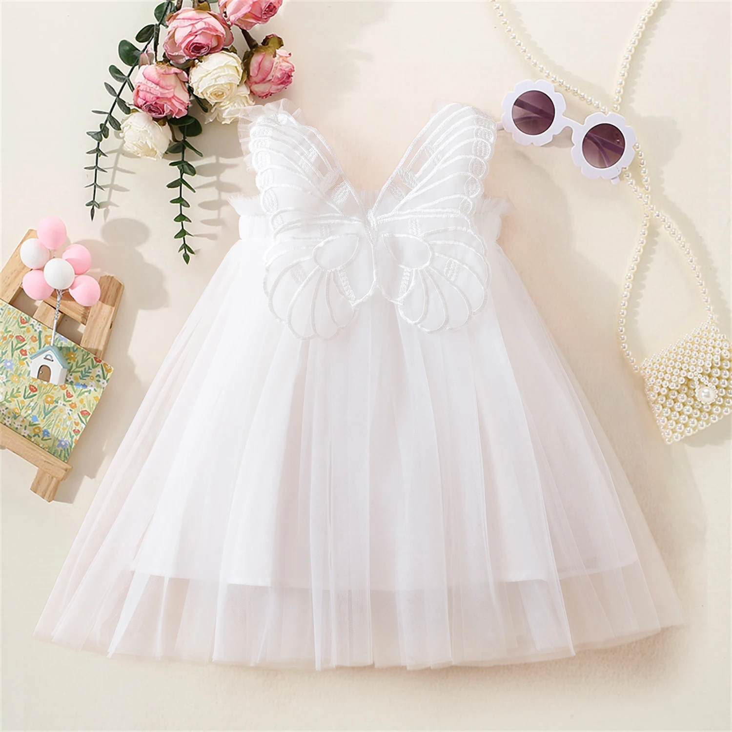 Children\'s Puffy Dress Girls Mesh Suspender Small Dress 3D Wings White Fairy Dress Summer Cute Birthday Party Princess Dresses