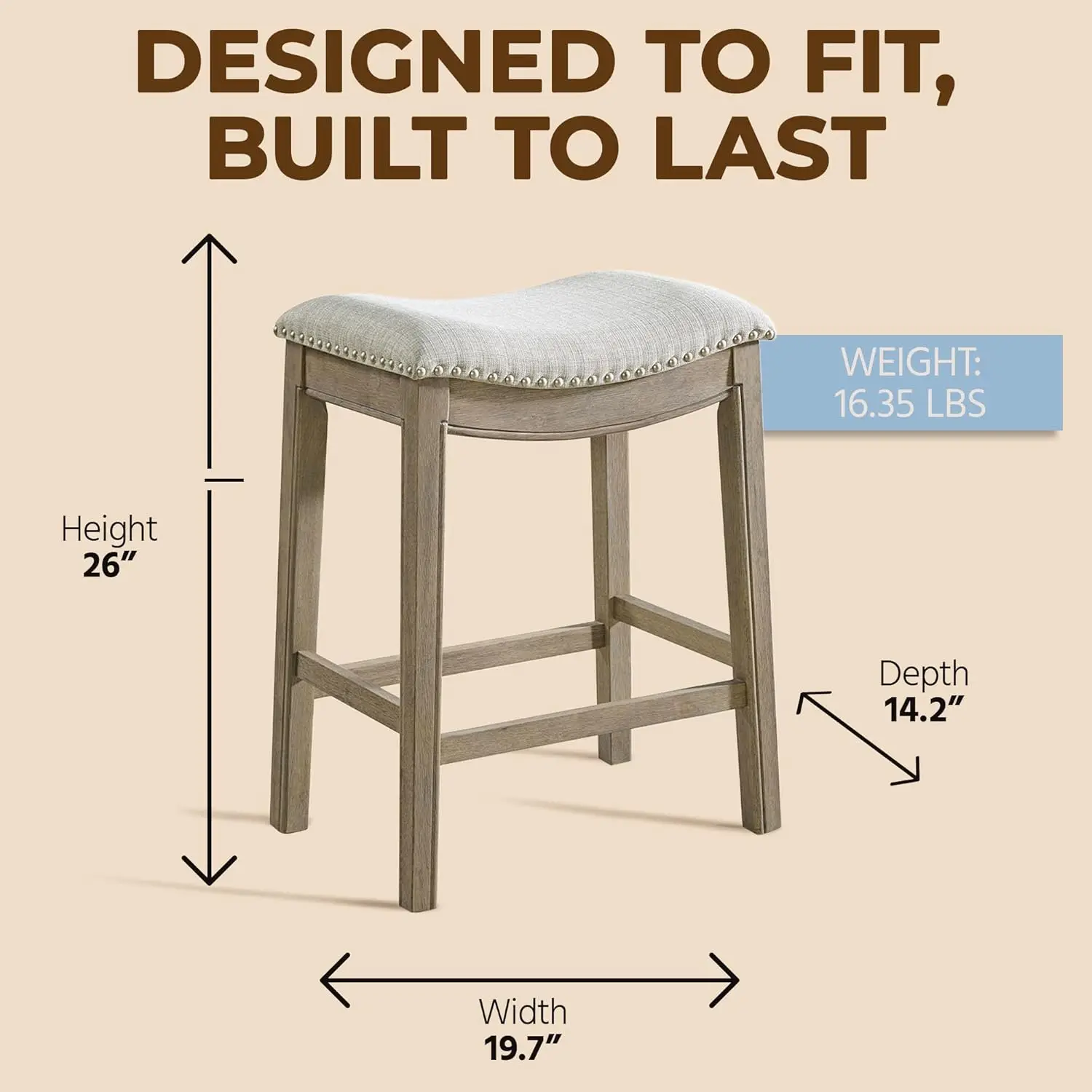 

Backless Saddle Counter Stool 26 Inch, Reclaimed Oak Finish, Cushion Seat, Kitchen Bar Stool, Customized