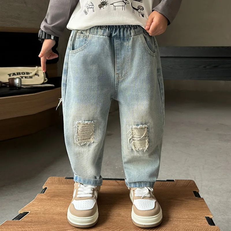 Spring Autumn Boys Ripped Hole Jeans High Quality Children Casual Pants Boy Kids Fashion Multi-Pocket Trousers Teen 2-11 Years