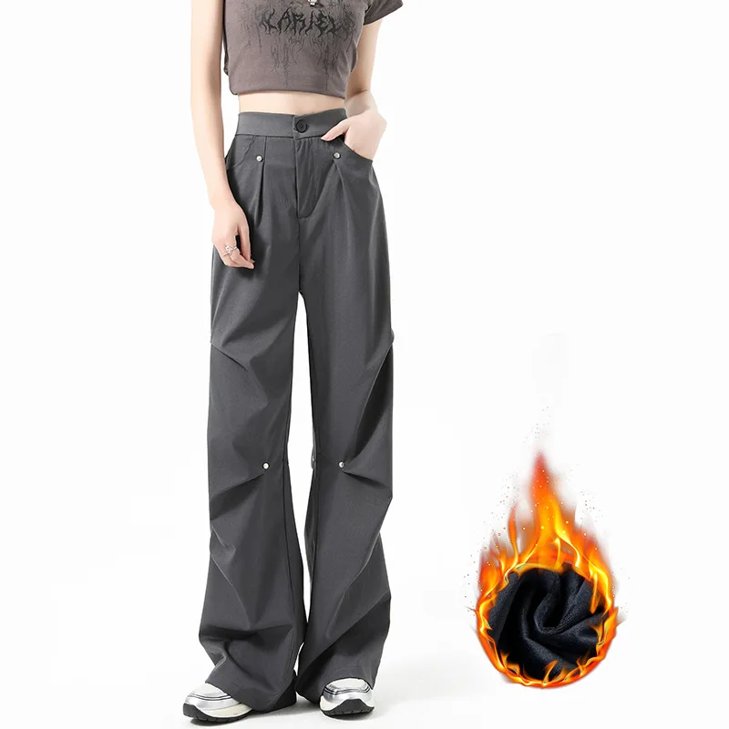 Fleece Riveted Cargo Pants for Women Fall and Winter 2025 New Thickened Casual Sweatpants High-waisted Loose Wide-leg Pants