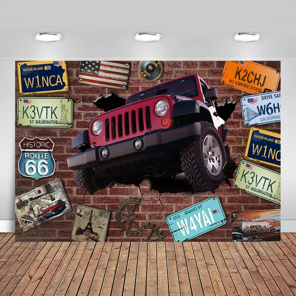 Brown Brick Wall Backdrop 3D Jeep Card Wall Inside US License Plate Flag Landscape Sticker Wall Decor Boys Baby Birthday Party