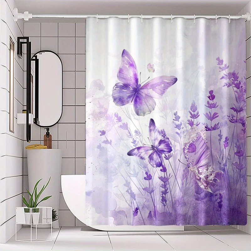 4pcs Purple Butterfly Shower Curtain Set with 12 Hooks - Waterproof & Moisture-Repellent, Includes Non-Slip Bath Mat, U-Shaped T