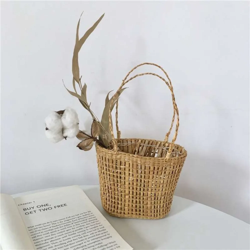 Trendy Handmade Straw Woven Basket with Handle Ornaments Small Flower Basket Picnic Props Tea Cup Cover