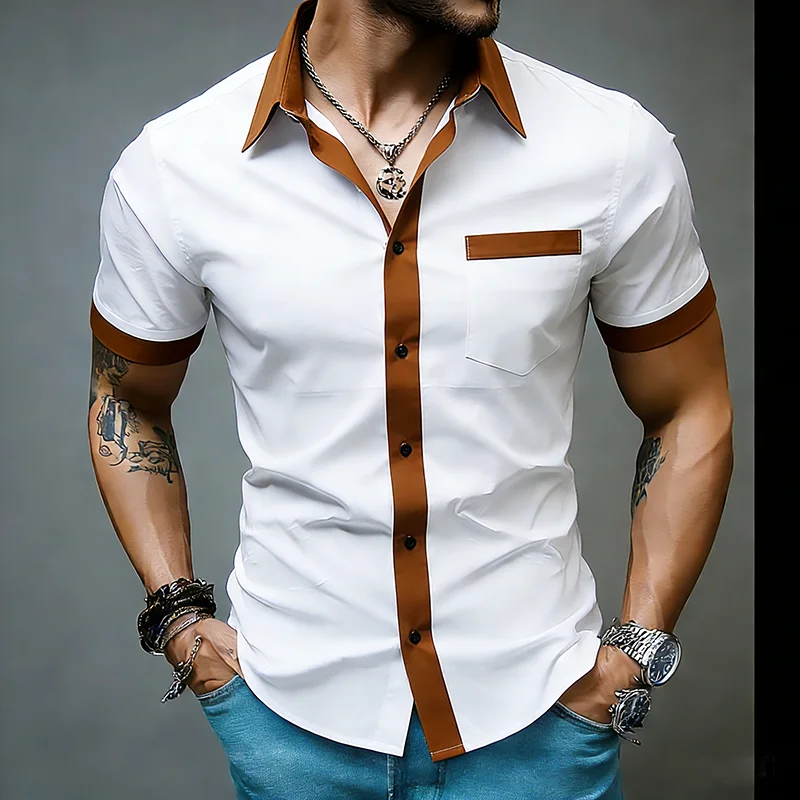 Mens Dress Shirts Casual Male Combination Colour Chemise Hemd Homme Shirts  Men Short Sleeve Shirts Lapel Collar   mens t shirt