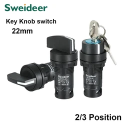 22mm Key Knob Switch 2/3 Position Self Locking 1NO/2NO/1NO1NC Select Rotary Switch Power Conversion Switch 5A on Off