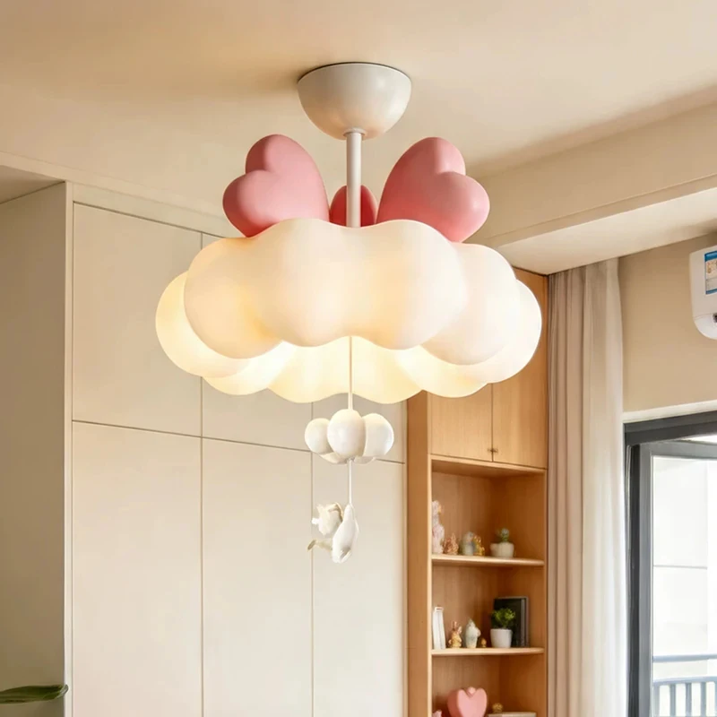 Style Cloud Ceiling Light with Pink Heart Bow Decor Hanging Kids Bedroom Princess Room Decorative  Lighting