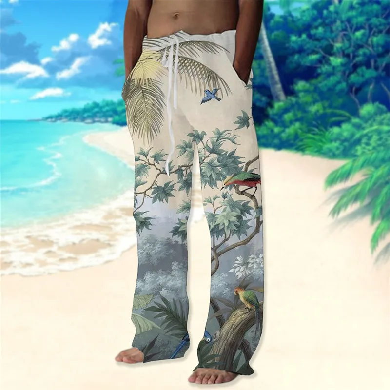 Summer Men Vintage Floral 3D Printed Wide Leg Pants Vacation Casual Loose Pants Hawaiian Style Beach Pants