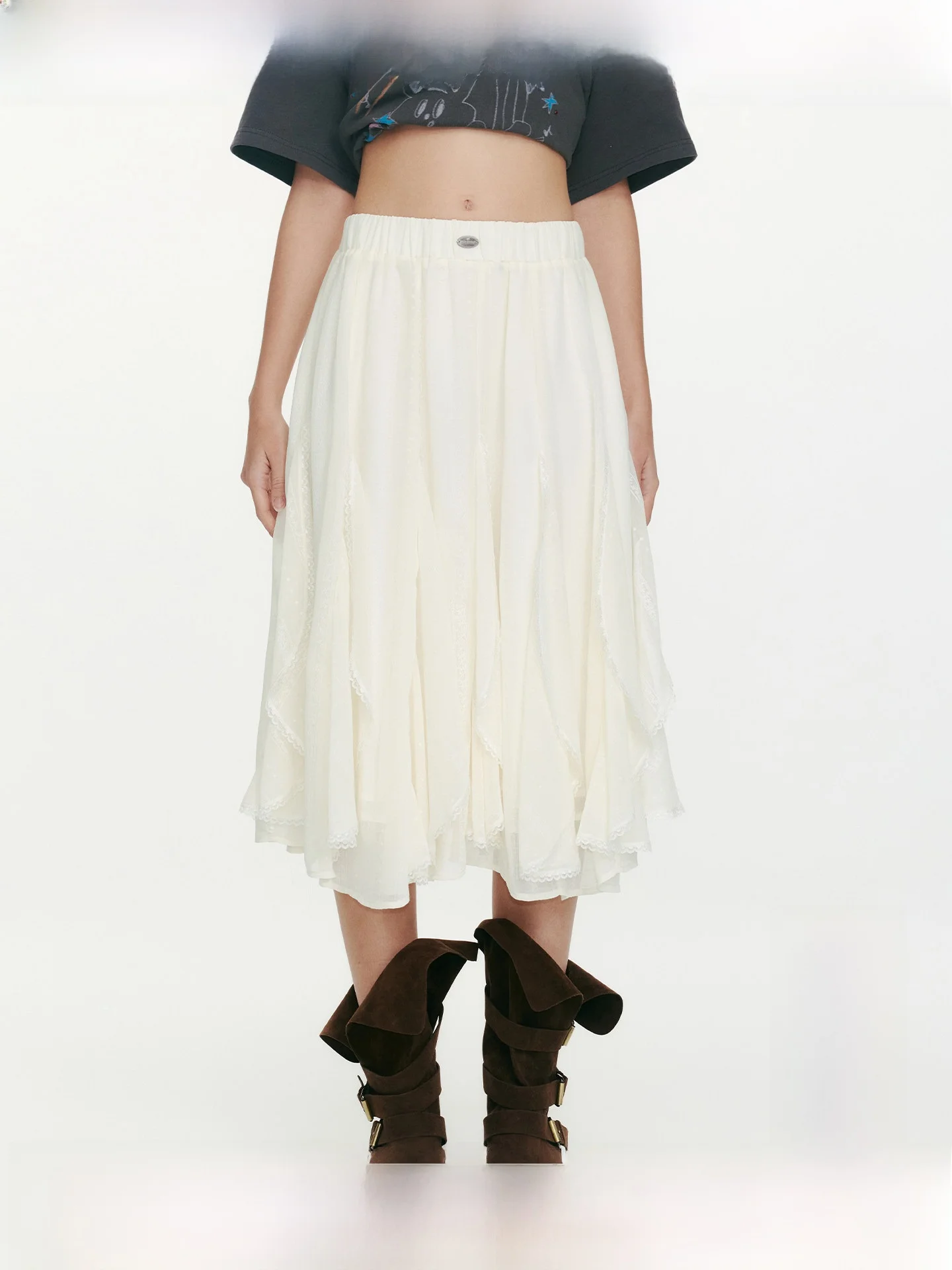 

WhyBerry Summer 2026 White Asymmetrical A-Line Skirt Girl's High Waist Chiffon Lace Half-length Skirt Travel-friendly Loose Fit