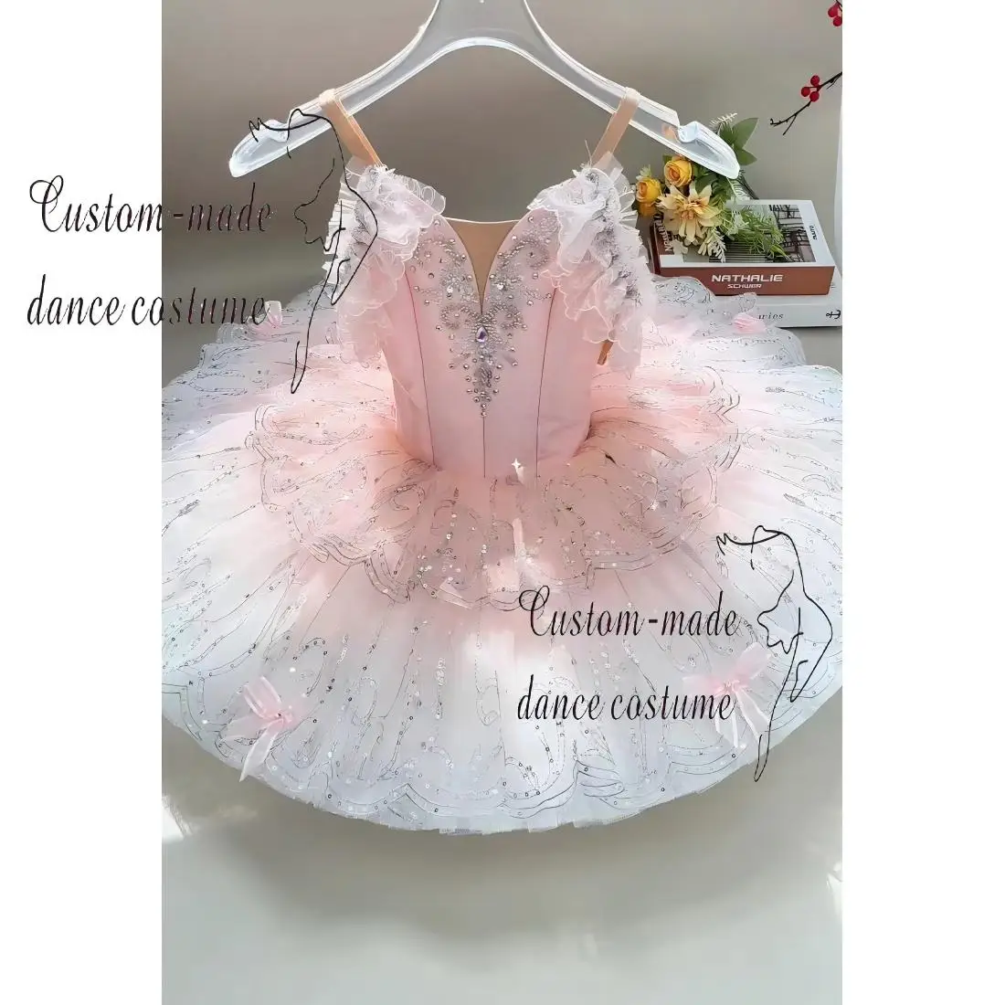 Sweet Pink Fairy Princess Ballet Tutu Decorated with Silver Rhinestones and Satin Bows, Fluffy Gradient Tulle, Ideal for Dance T