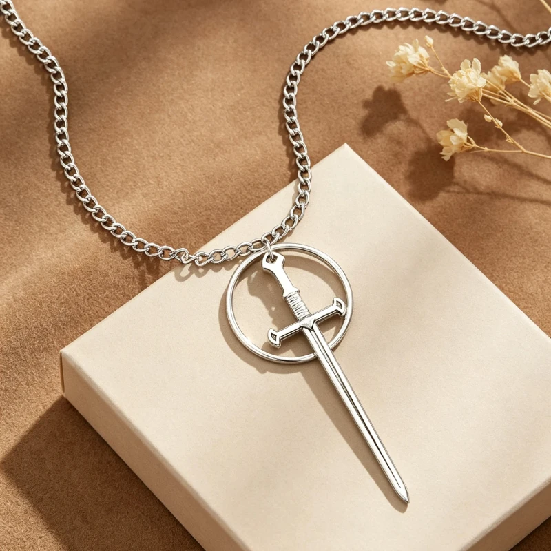 Gothic Sword Pendant Choker Necklace Silver Color Punk Rock Circle Dagger Chain Collar Dark Aesthetic Halloween Party Jewelry