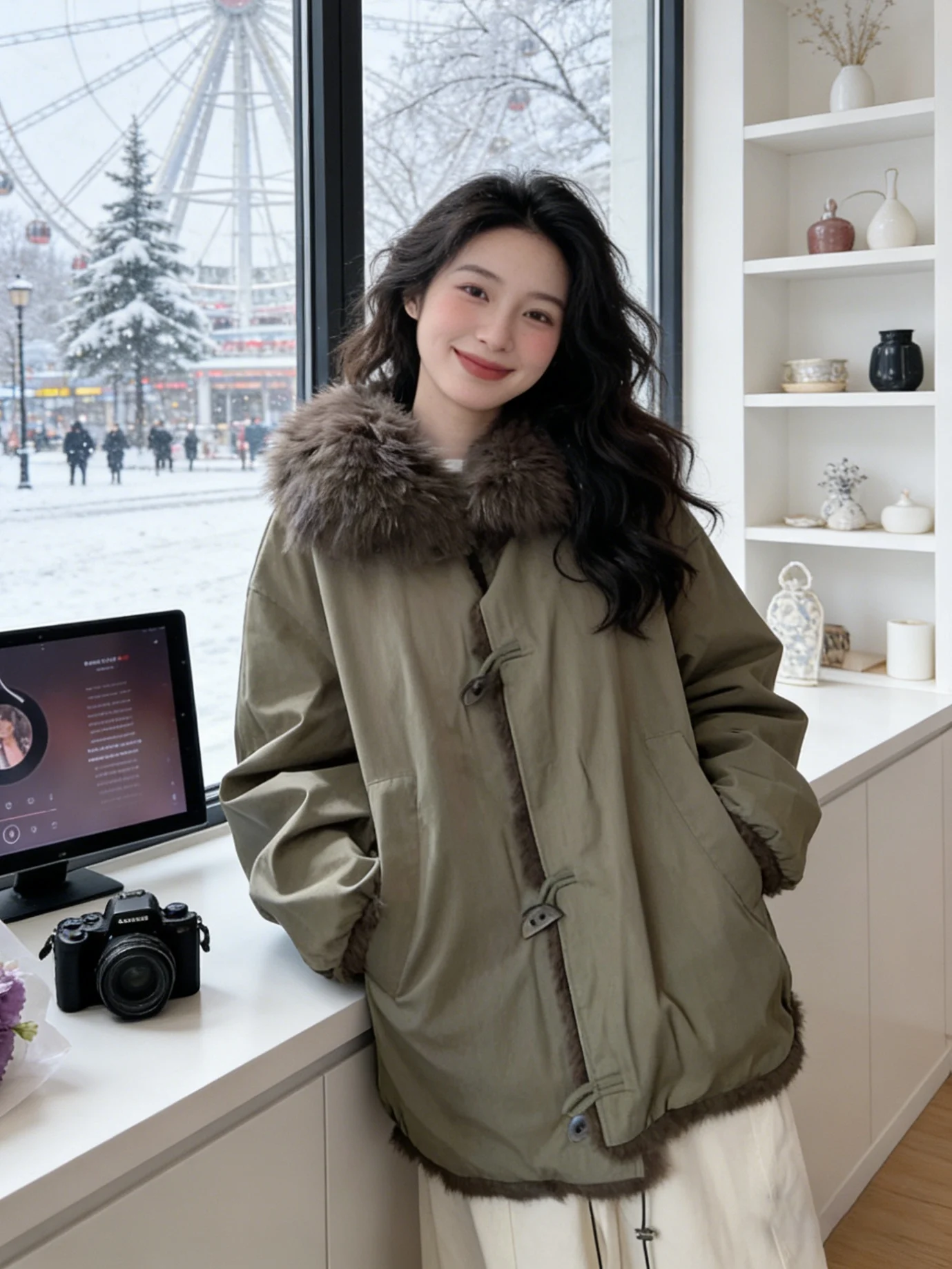 

Ladies Thickened Cotton Parka Coat Warmth Collar Button down Autumn Winter Retro Style Commute Friendly Fashionable Outerwear