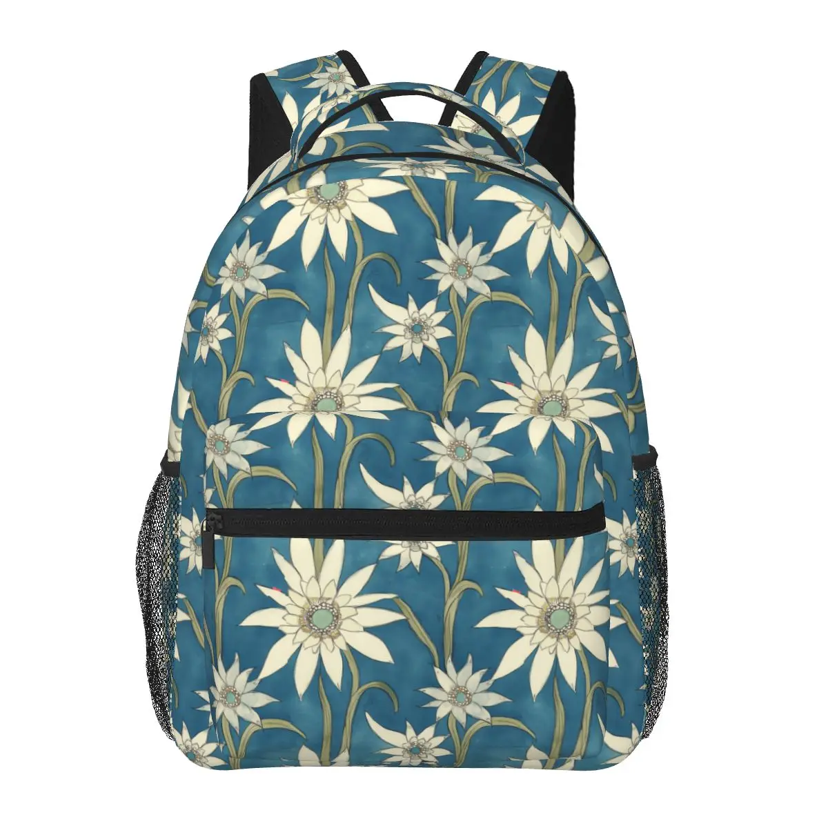 

White Edelweiss Abstract In Watercolor On Deep Teal Backpack Hot Sale Daypack BookBag School Bag Shoulder Bags for Men Women