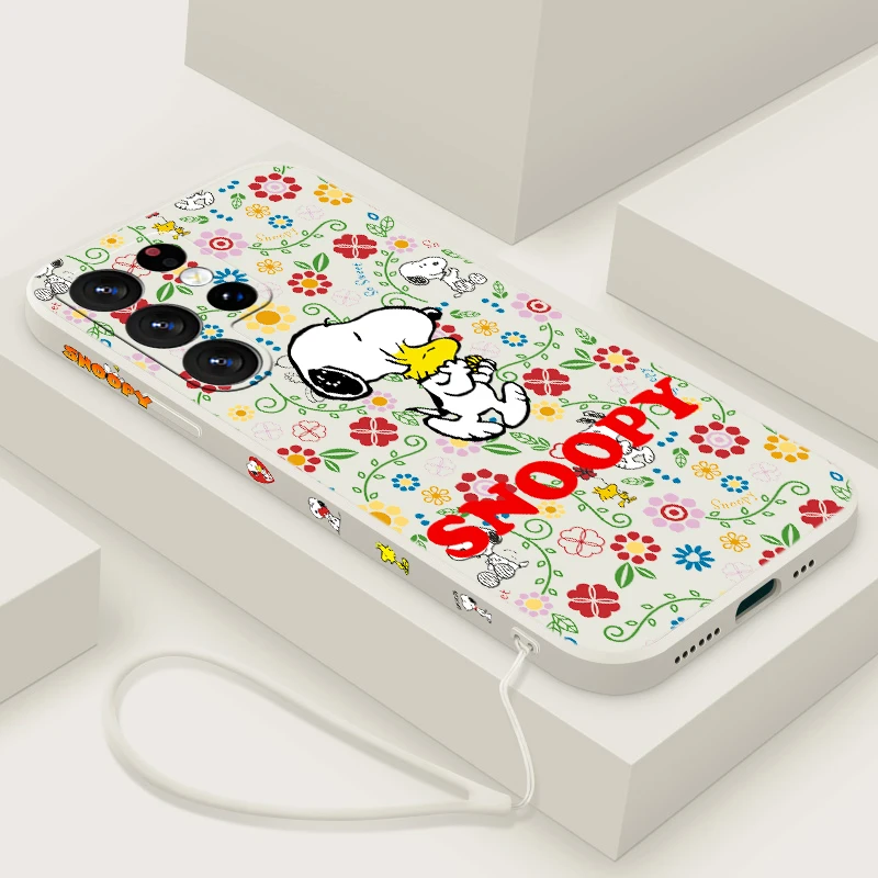 Anime S-noopys Dog For Samsung S24 S23 S22 S21 S20 Fe S10 Note 20 10 Ultra Lite Plus Liquid Left Rope Phone Case