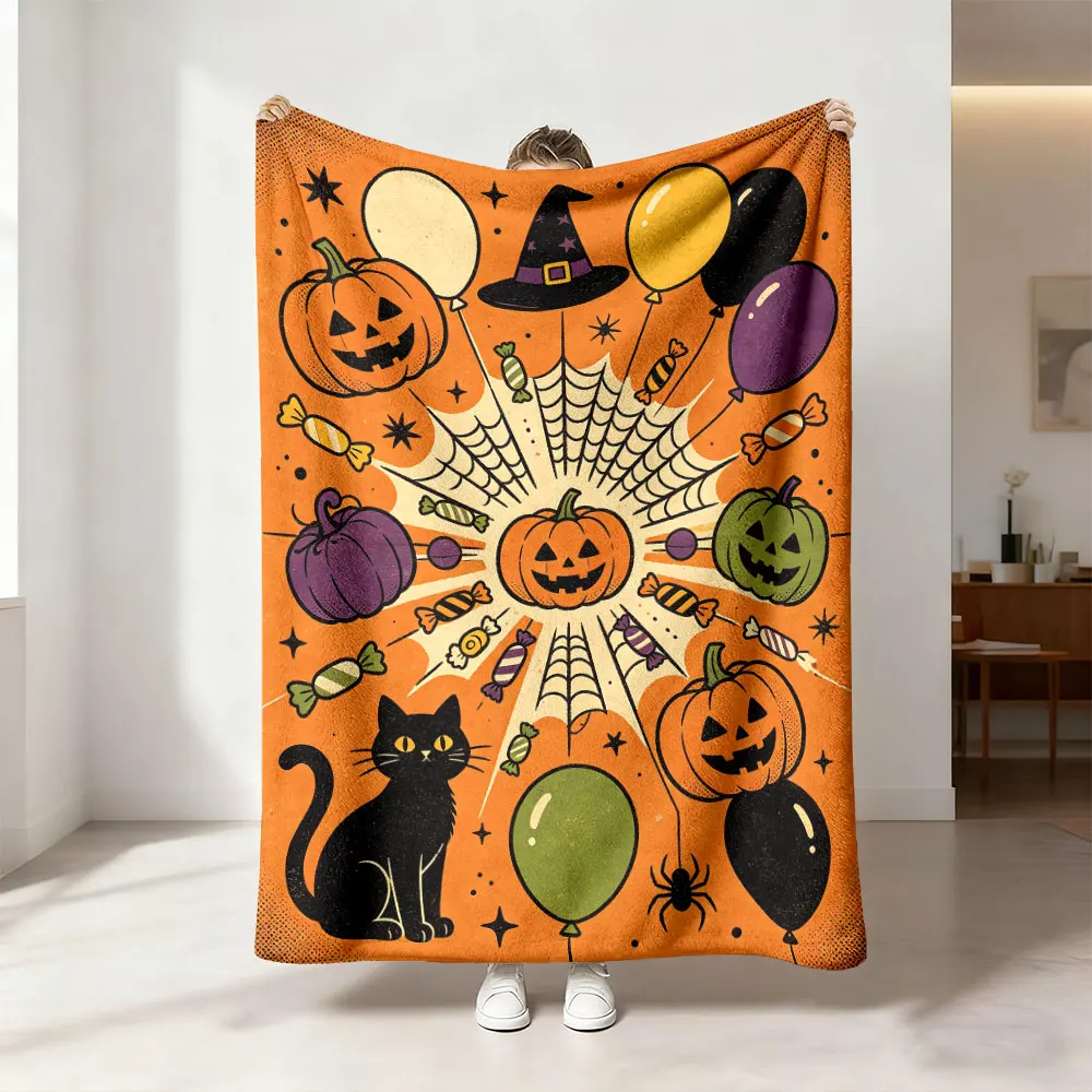 Manta de Franela con Diseño de Calabaza y Gato Negro Estilo Tarot de blanket, Decoración Gótica Espeluznante para Cama