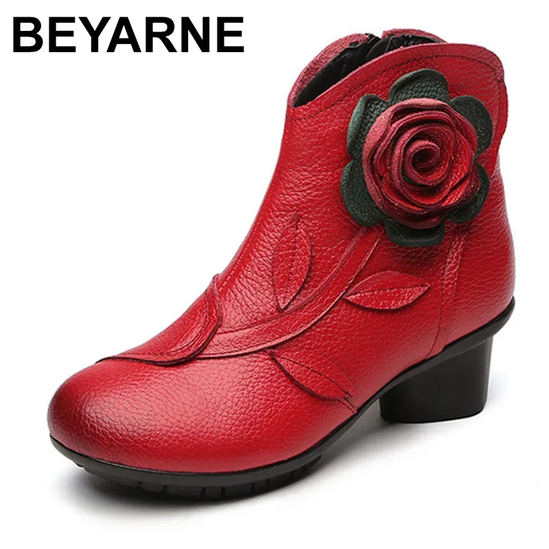 BEYARNE  Handmade Boots Flower Solid Color Womens Low Heel Genuine Leather Soft Short Boots Women Shoes Botas Mujer