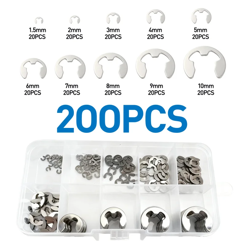 120/200pcs E Clip Snap Circlip Washer Assortment Kit Box M1.5-M10 304 Stainless Steel External Retaining Ring Set