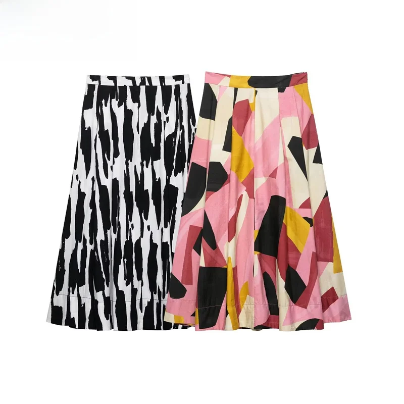 

ZBZR Spring New Faion Print Midi Skirt Women's High Waist Stand Fit A-Line Skirt Polyester Fiber Floral Pattern Midi Skirt