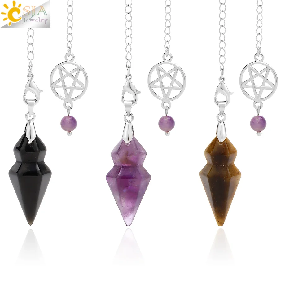 CSJA Spiritual Natural Stone Pendulum for Divination Dowsing Reiki Natural Stone Pink Clear Quartz Yoga Esoterism Pendulos H496