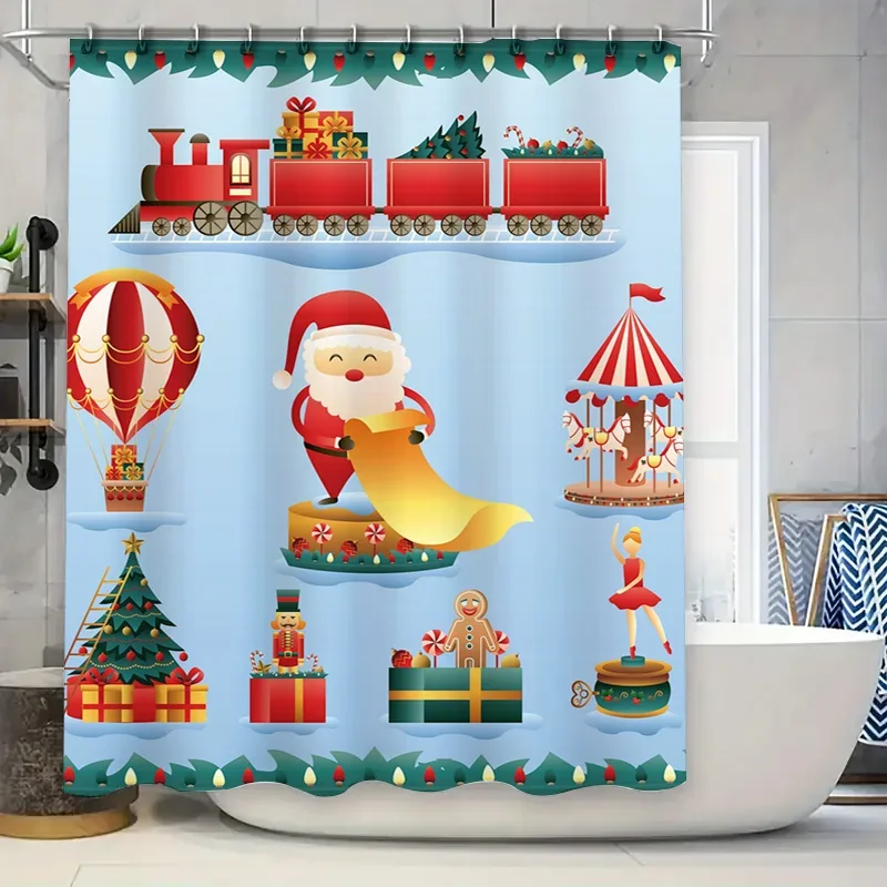 GAETU Christmas Shower Curtain Festive Holiday Bathroom Decor Reindeer Santa Claus Pattern Waterproof Fabric Washable Home Dec