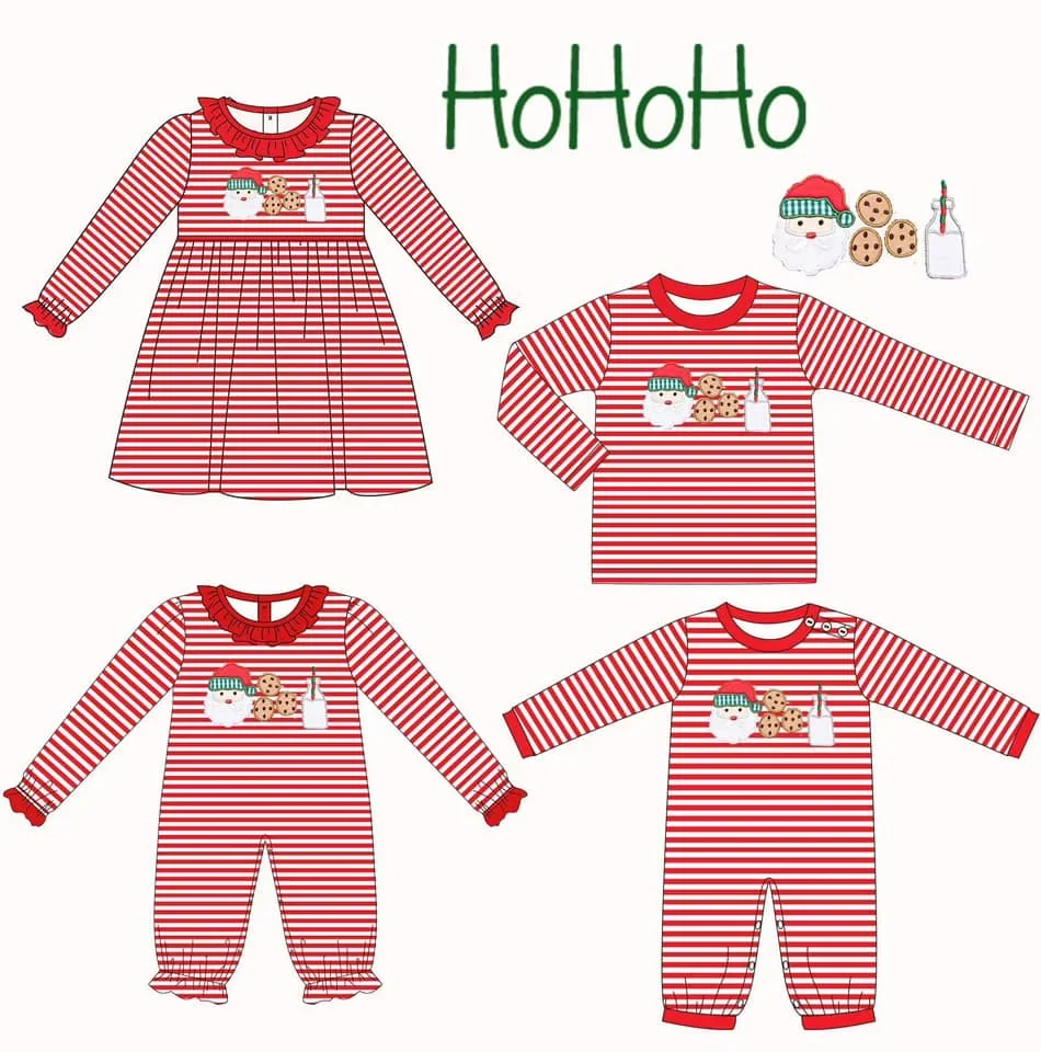 Wholesale Boutique Christmas Set Children's Holiday Matching Set Red Stripe Elements Clothing Santa Claus Cookie Milk Print