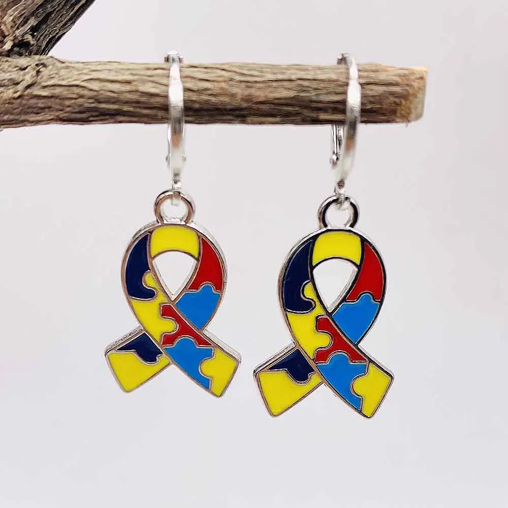 New Autism Awareness Earring Creative Cross Peach Heart Love Puzzle Colorful Dripping Oil Alloy Fashion Earring Jewelry Gifts