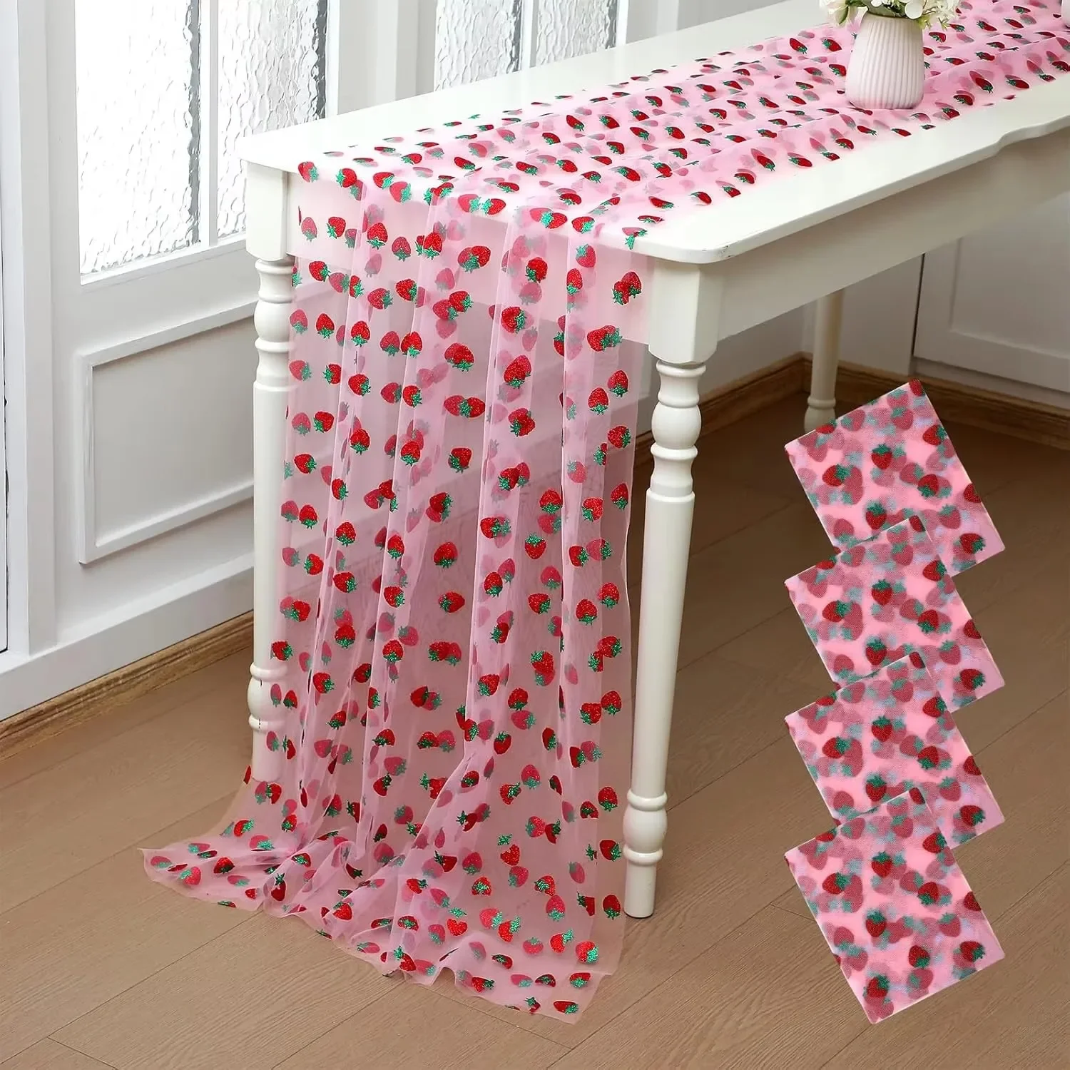 4 Packs 75*180CM Strawberry Tulle Table Runner,Sheer Pink Glitter Mesh Strawberry Tablecloth For Wedding Girls Brithday Party