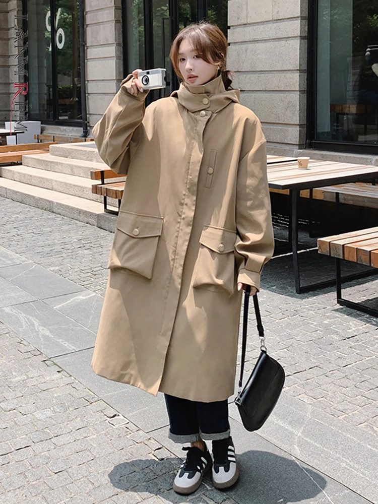 

LANMREM Fashion Mid Length Windbreaker Women's Hooded Solid Color Back Split Casual Trench 2024 Autumn New Clothing 2Z2376