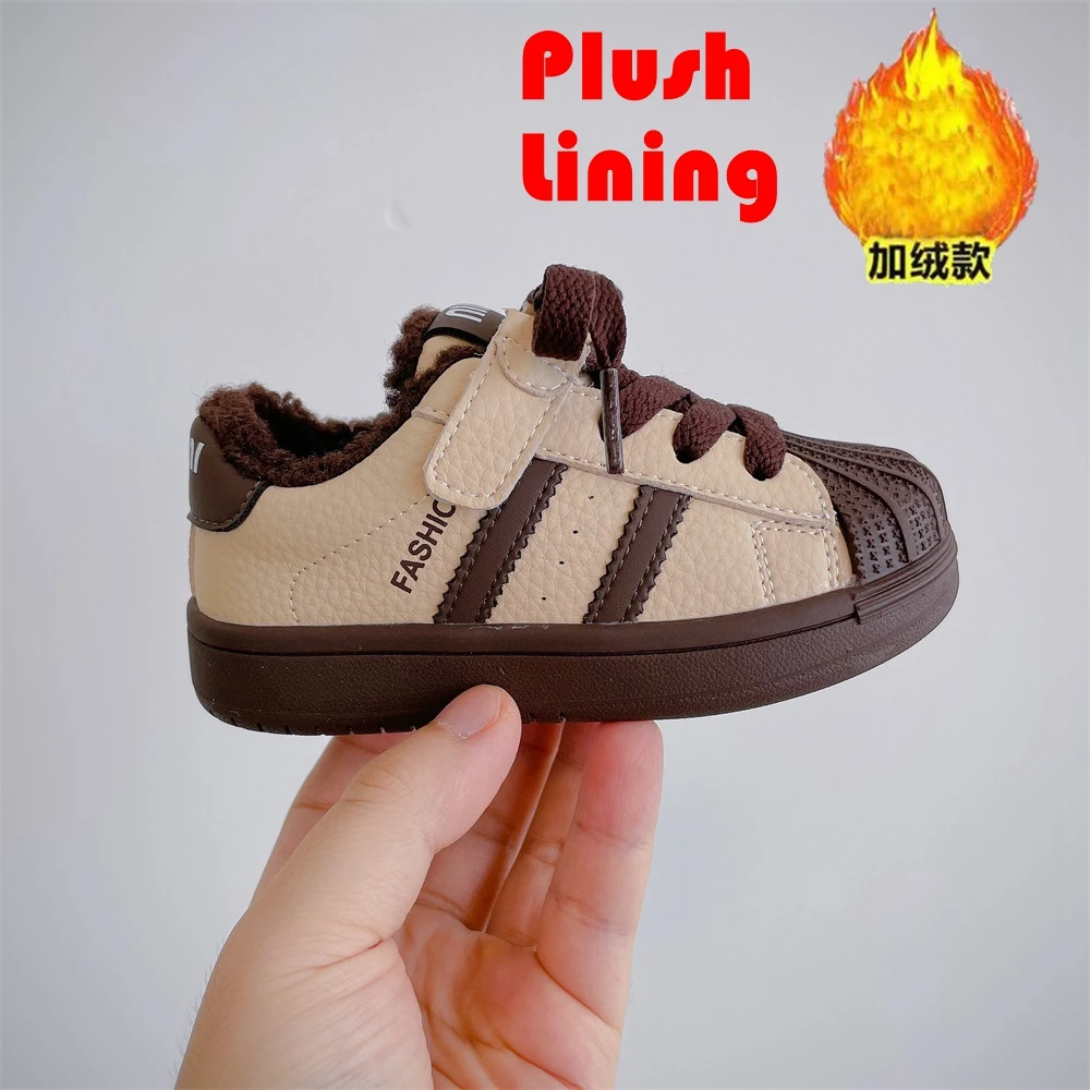 Tênis de pelúcia infantil, sola macia, quente, casual, estilo coreano, grosso, meninos, meninas, sapatos de escola, novo, inverno