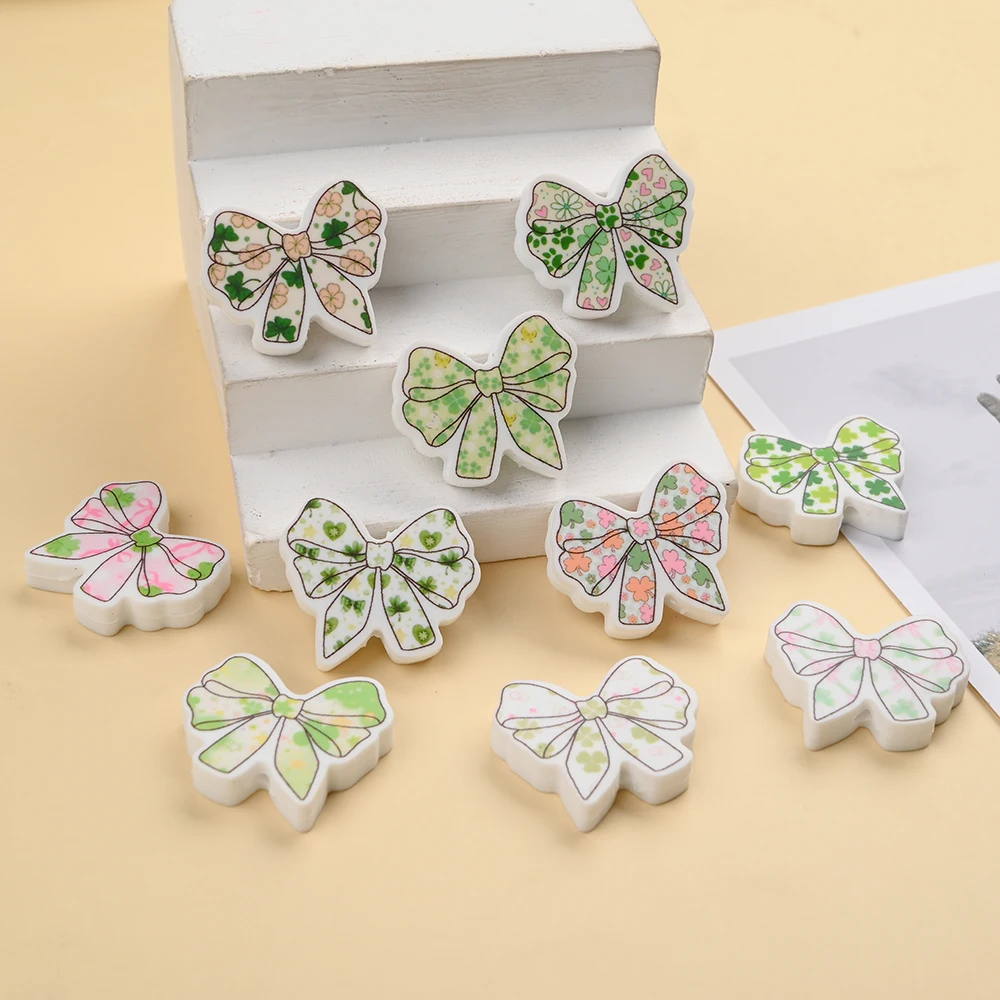 

10Pcs Silicone Bowknot Beads, Green Printed Loose Beads for DIY Pacifier Chains, Necklaces Bracelet Teether Accessories