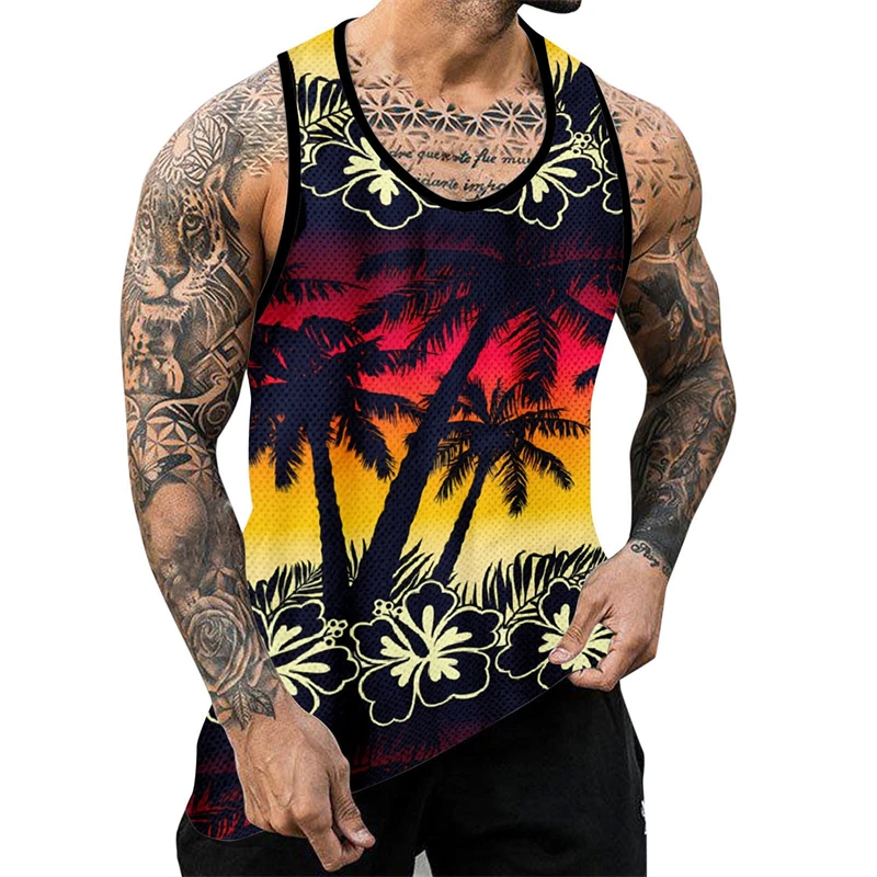 Palm Tree Graphic Tank Top For Men 3D Print Sleeveless Beach Hemp Palm Pattern Tops Paint Vest Hawaii Colorful Pigment T-shirt