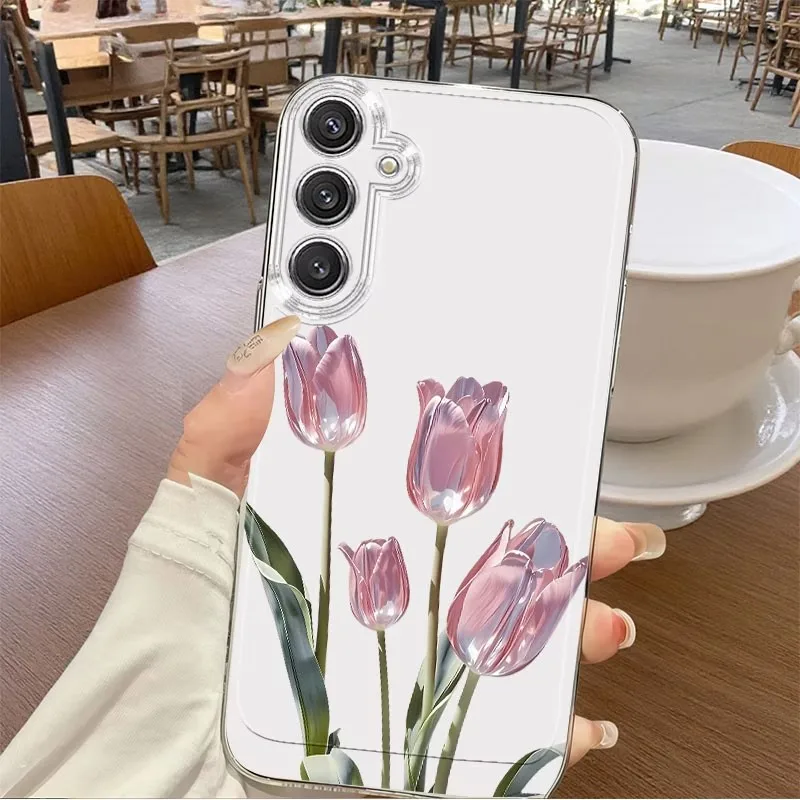 Transparent Phone Case For Samsung Galaxy A73 A72 A71 A70 A70s A56 A55 A54 A53 A52 A52s A51 5G 4G Flower Pattern Non-Slip Cover