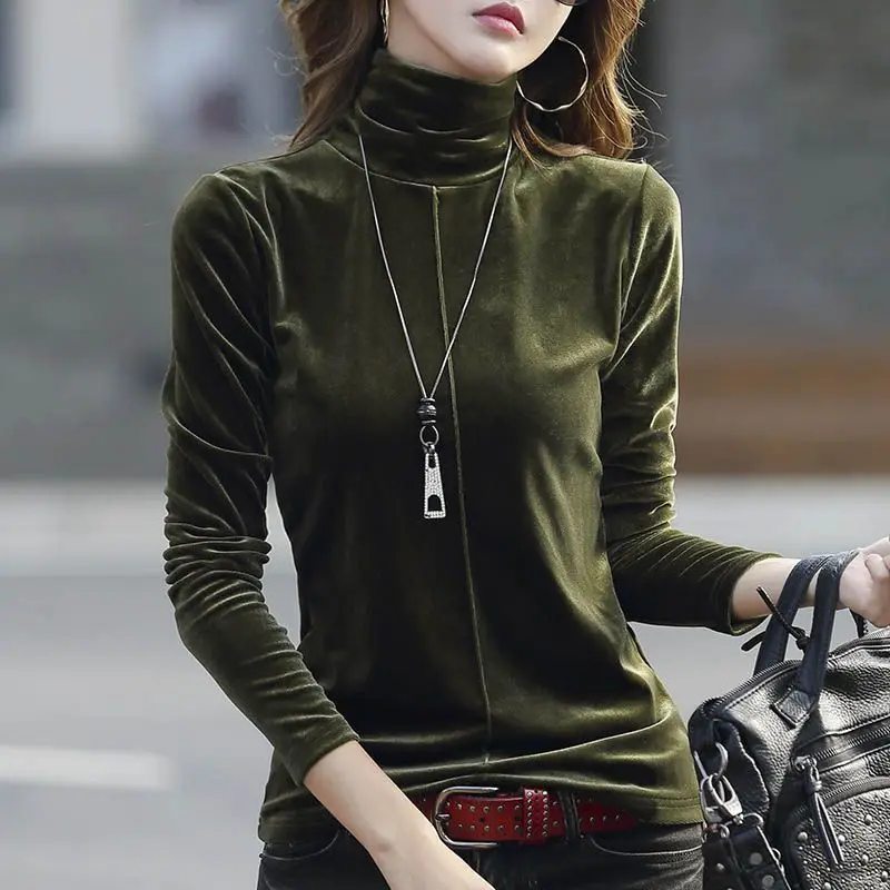 Women\'s Clothing Velvet Slim T-shirt Solid Color Spliced All-match Autumn Winter Casual Long Sleeve Vintage Turtleneck Pullovers